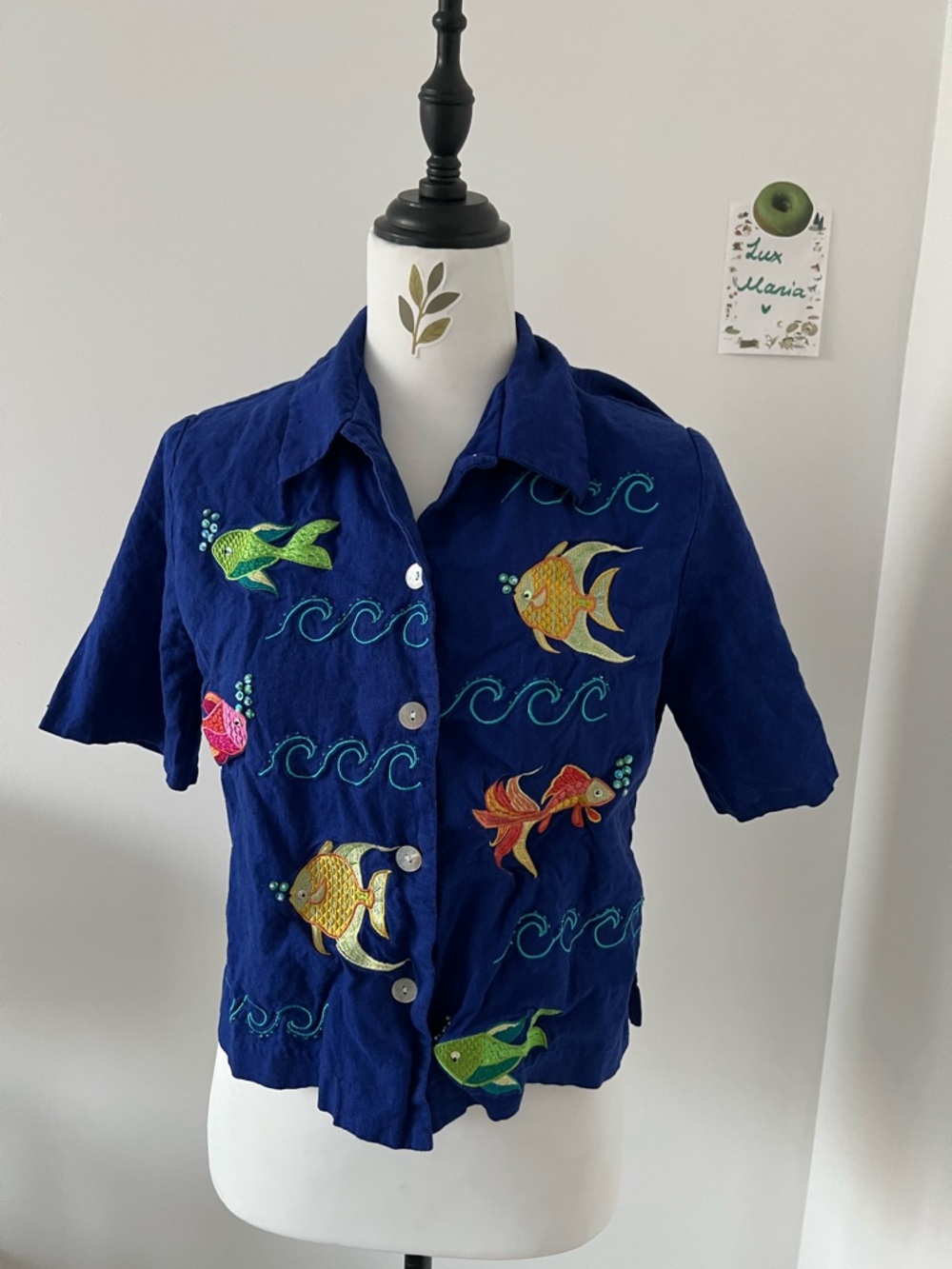 Vintage Ultra Dress Blue Embroidered Colorful Fish Patchwork Linen Shirt 10 L